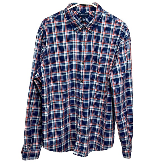 Lands' End Other - Lands’ End Flannel Shirt XL 17-17.5 Tailored Fit Navy Red Plaid